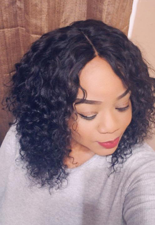 Black Central Parting Curly Medium Lace Front Hair Wigs 14 Inches
