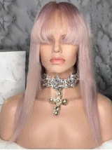 Long Straight Yasmin Human Hair Pink 360 Lace Wig With Bangs
