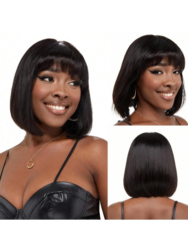 Natural Color Short Bob With Bangs Human Hair Wigs For Black Women