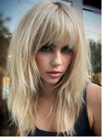 16" Platinum Blonde With Bangs Lace Front Human Hair Wigs