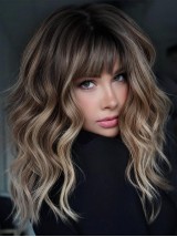 Brown Highlight 16" With Bangs Remy Human Hair Wigs