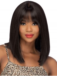 14" Shoulder Length Lace Front With Bangs Wigs Human Hair