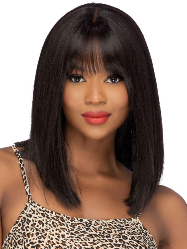 14" Shoulder Length Lace Front With Bangs Wigs Human Hair