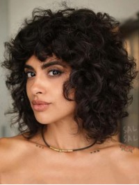 Black Curly 14" Medium Length Wigs With Bangs