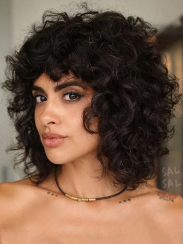 Black Curly 14" Medium Length Wigs With Bangs
