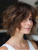 Real Hair Wigs Chin Length Layered Brown 10" Wavy Wigs