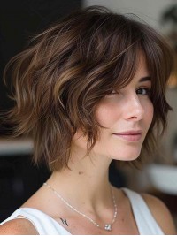 Real Hair Wigs Chin Length Layered Brown 10" Wavy Wigs