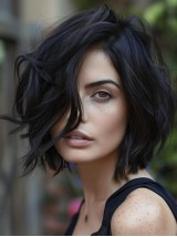 Real Hair Wigs Capless Layered Black 10" Wavy Wigs