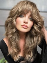 Long 16" Wavy Remy Human Hair With Bangs Lace Front Wigs