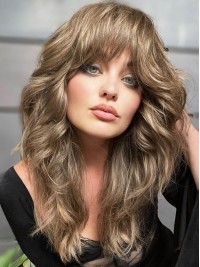Long 16" Wavy Remy Human Hair With Bangs Lace Front Wigs