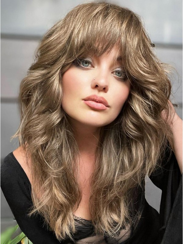 Long 16" Wavy Remy Human Hair With Bangs Lace Front Wigs