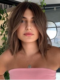 14" Without Bangs Brown Shoulder Length Capless Human Hair Wigs For Women