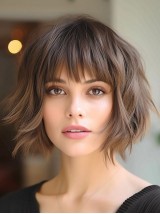 Lace Front Wig 10" Wavy With Bangs Chin Length Brown Wigs
