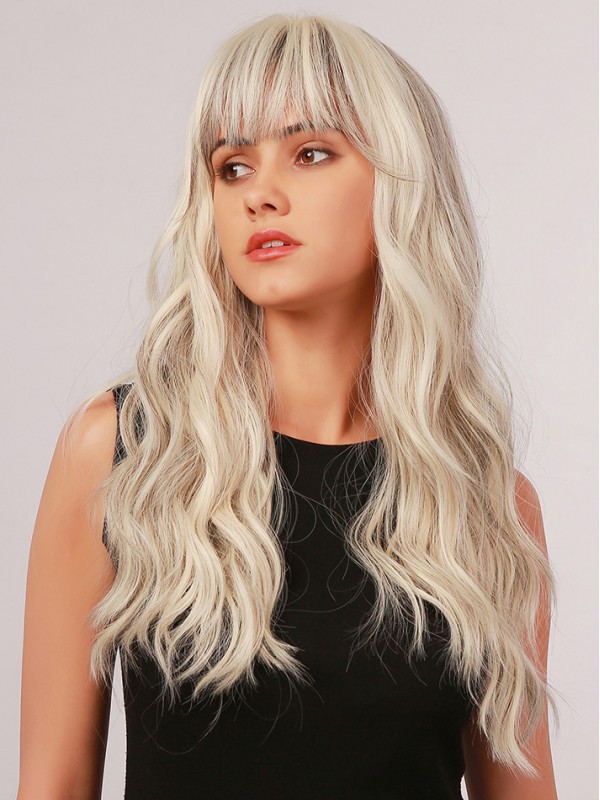 Long Platinum Blonde Wavy Synthetic Wigs With Bangs