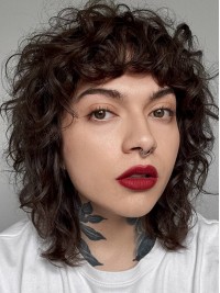 12" Black Synthetic With Bangs Chin Length Curly Wigs