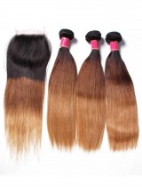 Human Virgin Hair Three Tone Ombre Straight Wave Hair 3 Bundles With Closure