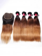 Hair 4 Bundles Hair With ClosureThree Tone Ombre Straight Human Virgin Hair Weaving
