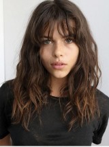 Long Wavy Capless Remy Human Hair Wigs With Bangs 16 Inches