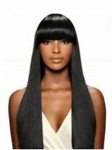 Black Straight Capless Long Human Hair Wig With Bangs 24 Inches