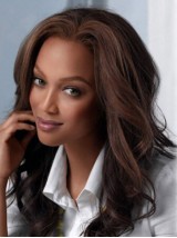 Brown Long Wavy Capless Human Hair Wigs Without Bangs 18 Inches
