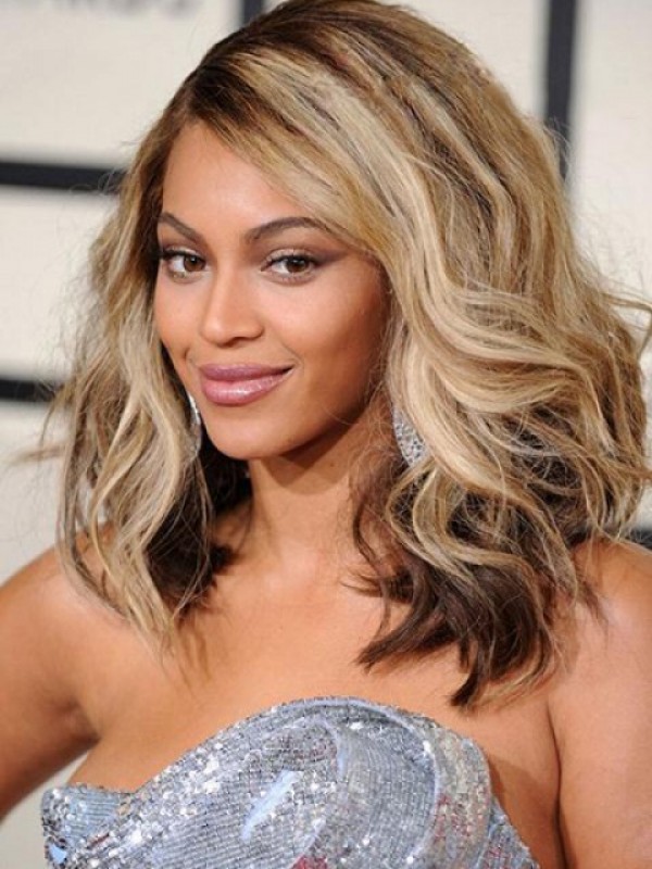Beyonce Ombre Medium Wavy Lace Front Synthetic Wigs With Side Bangs