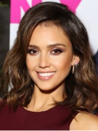 Jessica Alba Medium Wavy Capless Human Hair Wigs With Side Bangs