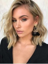 Medium Wavy Blonde Capless Human Hair Wigs With Side Bangs 14 Inches