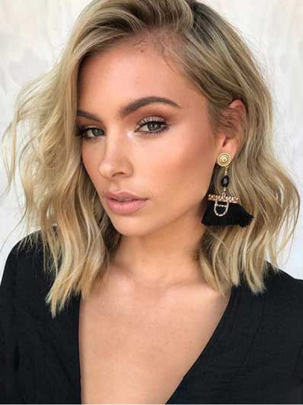 Medium Wavy Blonde Capless Human Hair Wigs With Side Bangs 14 Inches