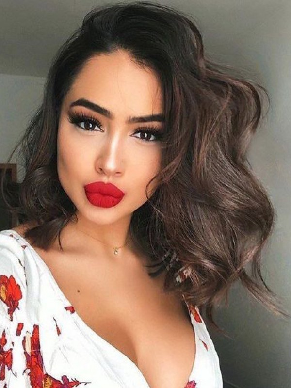 Medium Wavy Capless Human Hair Wigs With Side Bangs 14 Inches