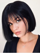 Bob Style Black Short Straight Lace Front Human Hair Wigs With Bangs 10 Inches
