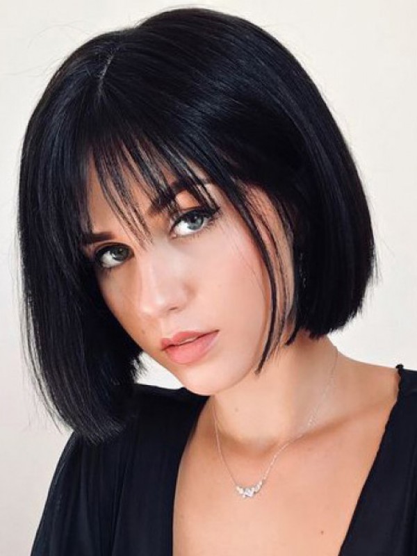 Bob Style Black Short Straight Lace Front Human Hair Wigs With Bangs 10 Inches