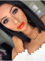 Medium Straight Capless Human Hair Wigs Without Bangs 14 Inches