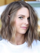 Ombre Medium Wavy Lace Front Human Hair Wigs With Side Bangs 14 Inches
