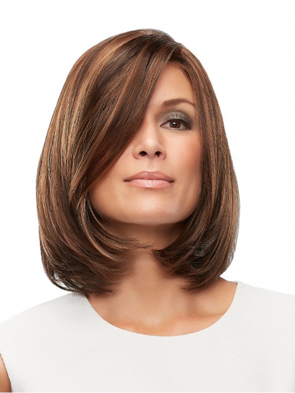Lace Front Brown Bob Style Short Straight Human Hair Wigs With Side Bangs 10 Inches
