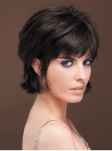 Layered Black Straight Short Capless Human Hair Wigs With Bangs 8 Inches