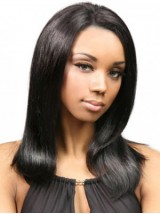 Long Black Straight Lace Front Human Hair Wigs With Side Bangs 16 Inches