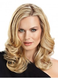 Blonde Human Hair Wavy Lace Wig With Side Bangs 16 Inches