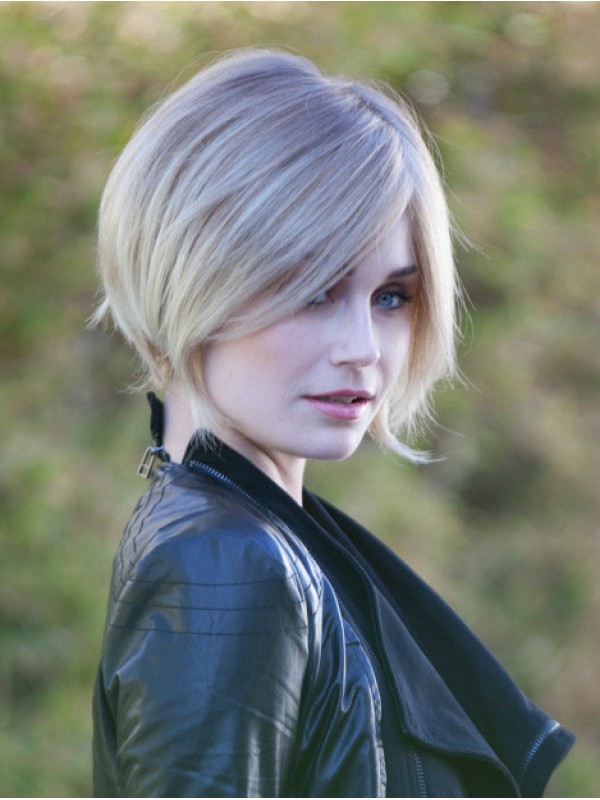 Layered Blonde Straight Capless Human Hair Wigs With Side Bangs 8 Inches